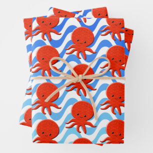 Niedliche Octopus Cartoon Blue Waves Geschenkpapier Set