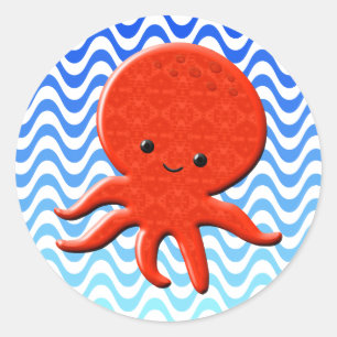 Niedliche Octopus Cartoon Blue Waves Runder Aufkleber