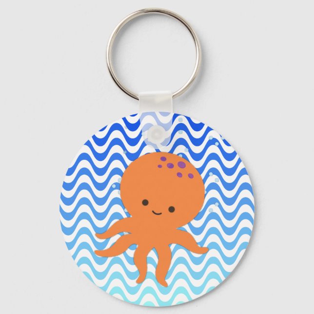 Niedliche Octopus Cartoon Blue Waves Schlüsselanhänger (Vorderseite)