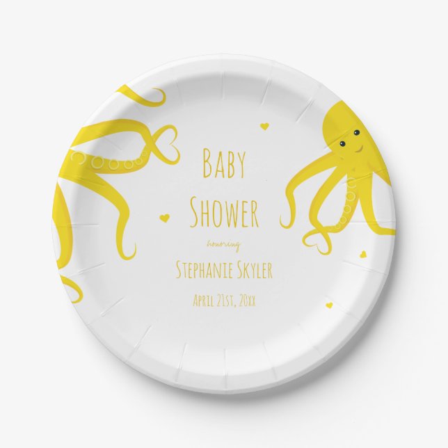 Niedliche Octopus Herz Gelbe Babyduschplatte Pappteller (Vorderseite)