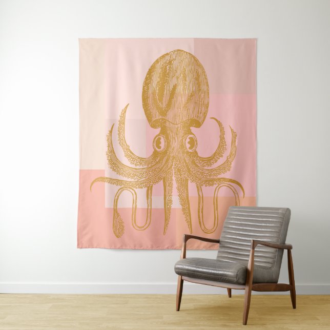 Niedliche Octopus-Illustration in Rosa und Gold Wandteppich (Beispiel)