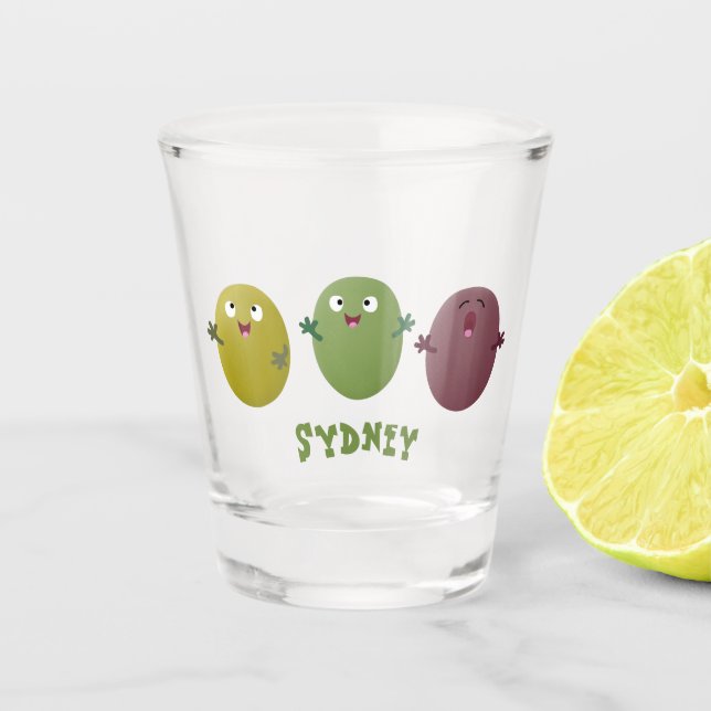 Niedliche Oliven singen Cartoon Schnapsglas (Vorderseite)