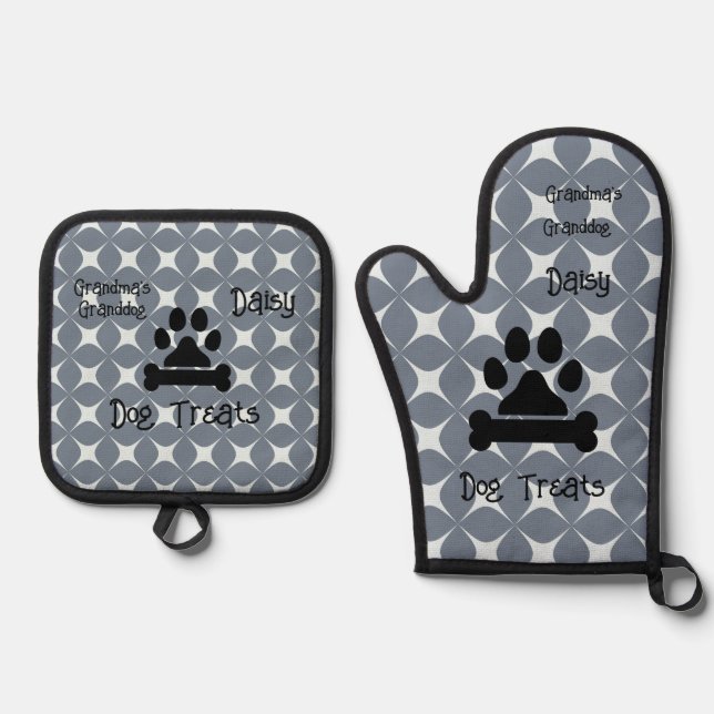 Niedliche Oma's Oma Geometric White and Gray Ofenhandschuh & Topflappen-Set (Vorderseite)