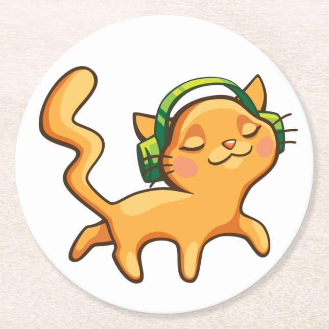 Niedliche Orange Cat Geschenkkopfhörer Funny Music Runder Pappuntersetzer (Vorderseite)