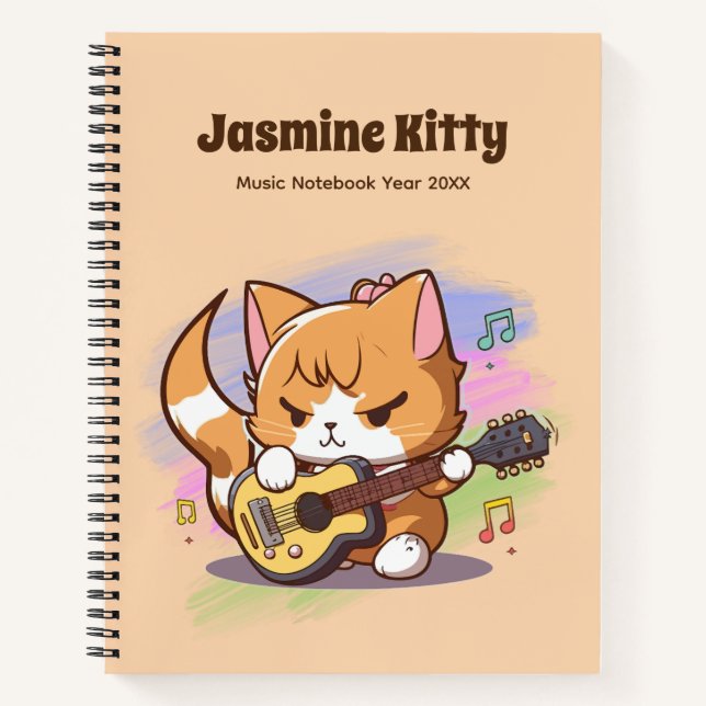 Niedliche Orange Cat Playing Guitar (Personalisier Notizbuch (Vorderseite)