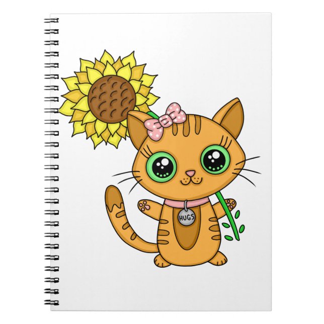Niedliche Orange Kawaii Katze mit Sonnenblumen Notizblock (Vorderseite)