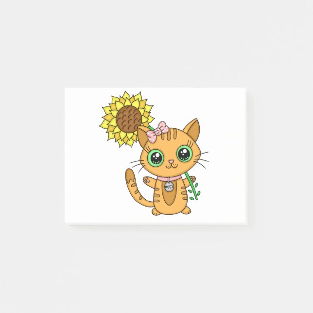 Niedliche Orange Kawaii Katze mit Sonnenblumen Post-it Klebezettel (Vorderseite)
