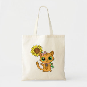 Niedliche Orange Kawaii Katze mit Sonnenblumen Tragetasche
