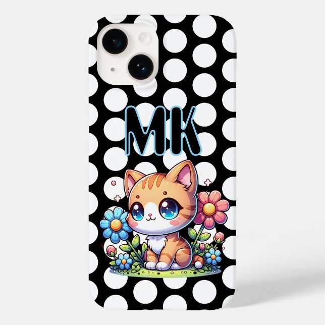 Niedliche Orange Kitty Cat bei Blume Personalisier Case-Mate iPhone 14 Hülle (Rückseite)