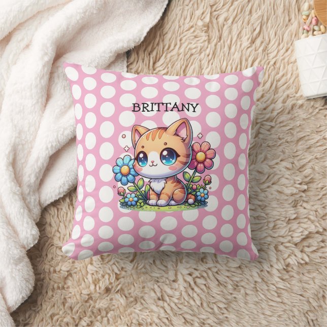Niedliche Orange Kitty Cat bei Blume Personalisier Kissen (Decke)