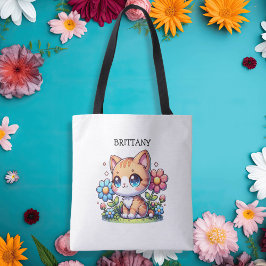 Niedliche Orange Kitty Cat bei Blume Personalisier Tasche