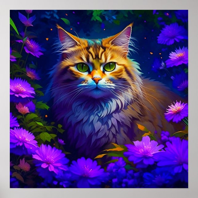 Niedliche Orange Kitty Cat bei Blume Poster (Vorne)