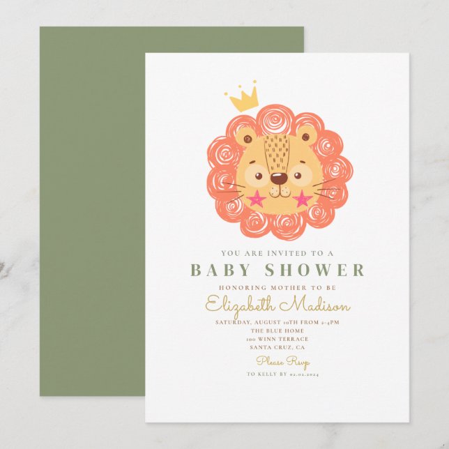 Niedliche Orange Lion King Baby Dusche Einladung (Vorne/Hinten)