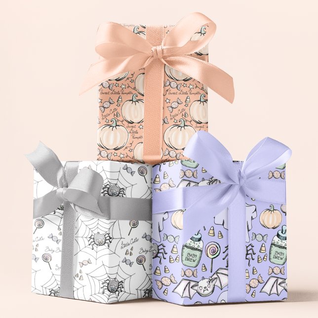 Niedliche Orange Pumpkin Halloween Kinderdusche Geschenkpapier Set (Cute Halloween Kids Wrapping Paper for Baby or October Birthday. Pumpkins, Spiders, Bats, Ghosts)