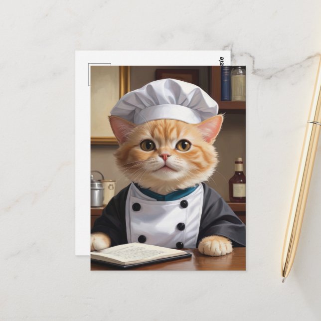 Niedliche Orange Tabby Cat Koch Kochabbildung Postkarte (Vorderseite/Rückseite Beispiel)