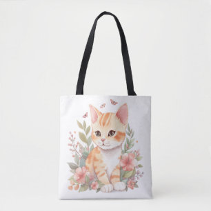Niedliche Orange Tabby Kitten mit Blume Wasserfarb Tasche