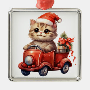 NIEDLICHE ORANGE TABBY KÜCHE MIT DEM AUTO ORNAMENT AUS METALL