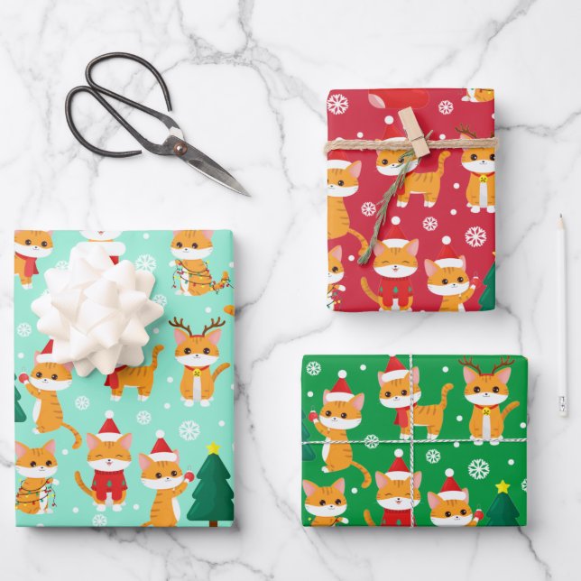Niedliche Orange Tabby Weihnachtswrapping Paper Sh Geschenkpapier Set (Vorderseite)
