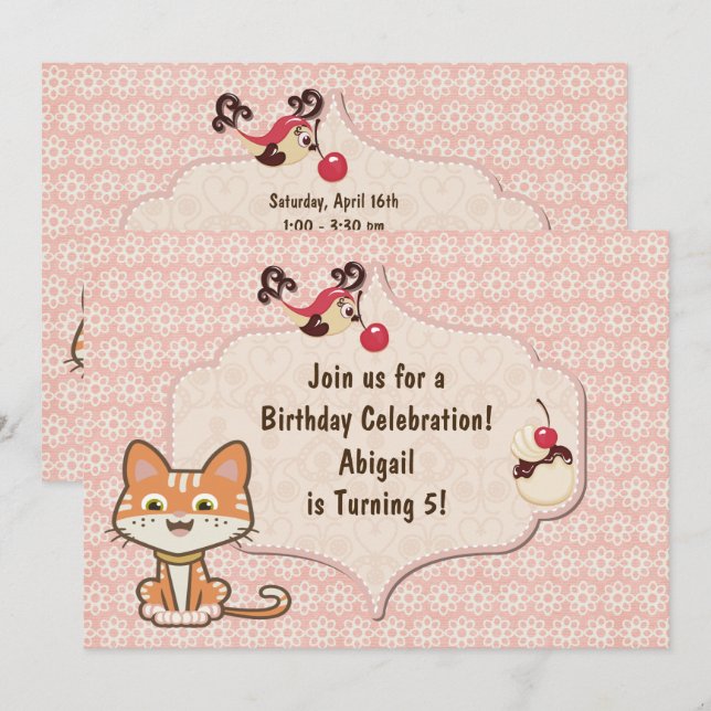 Niedliche Orange Tiger Kitty Cat und Blume Geburts Einladung (Vorne/Hinten)
