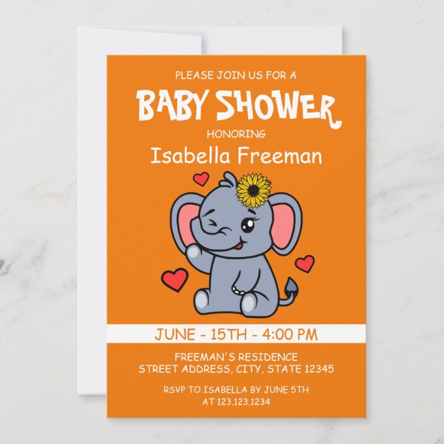 Niedliche Orange Vector Girl Elephant Babydusche Einladung (Vorderseite)