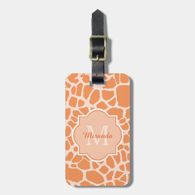 Niedliche Orangefarbene Giraffe Print Monogram und Gepäckanhänger (Vorderseite vertikal)