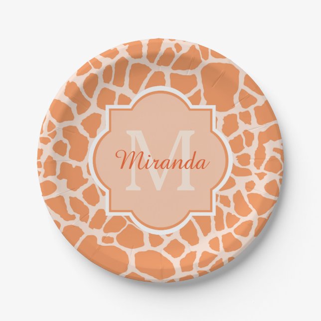 Niedliche Orangefarbene Giraffe Print Monogram und Pappteller (Vorderseite)