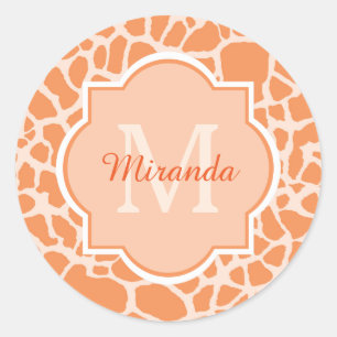 Niedliche Orangefarbene Giraffe Print Monogram und Runder Aufkleber