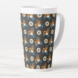 Niedliche orangefarbene Katze auf Skateboard Carto Milchtasse