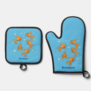 Niedliche Orangen-Goldfisch-Cartoon-Abbildung Ofenhandschuh & Topflappen-Set