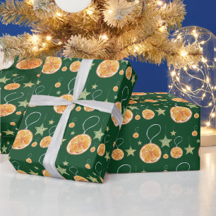 Niedliche Orangen und Sterne auf Grün Geschenkpapier