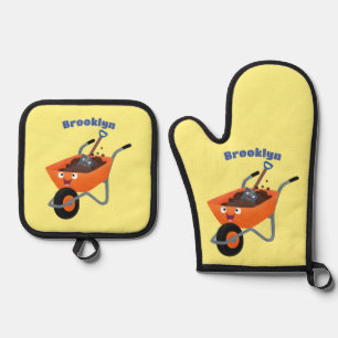 Niedliche Orangenbartendarstellung des Cartoon Ofenhandschuh & Topflappen-Set