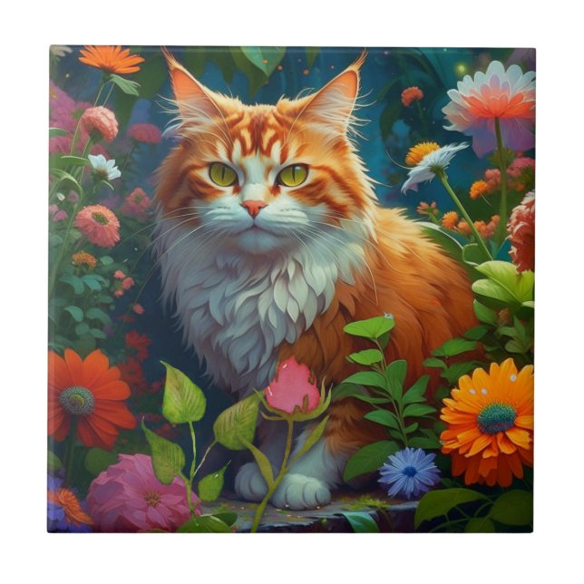 Niedliche Orangenkatze bei Blume Fliese (Vorderseite)