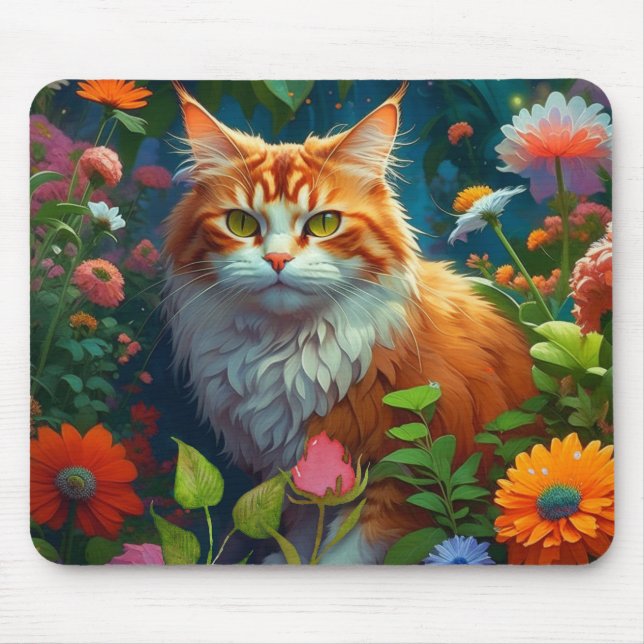 Niedliche Orangenkatze bei Blume Mousepad (Vorne)