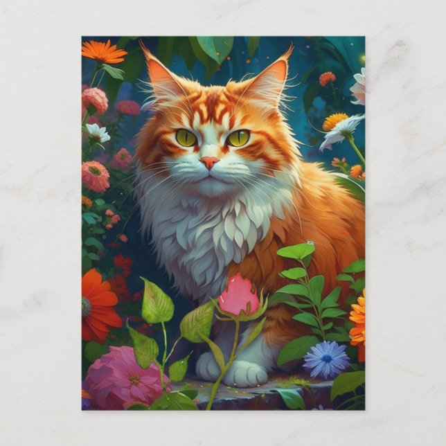 Niedliche Orangenkatze bei in Touch Behaltend Blum Postkarte (Vorderseite)