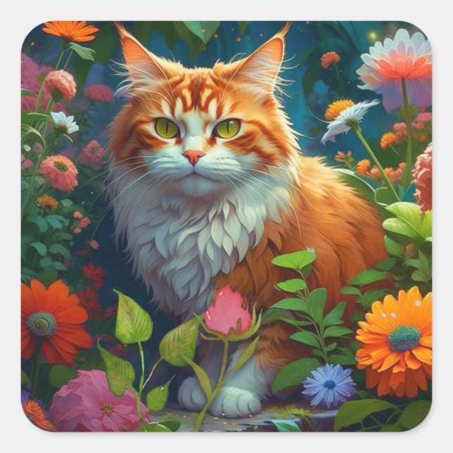 Niedliche Orangenkatze bei in Touch Behaltend Blum Quadratischer Aufkleber (Vorderseite)