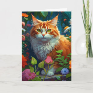 Niedliche Orangenkatze in farbenfrohen Blume Gebur Karte