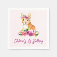 Niedliche Orangenkatze und violette Blumen Geburts