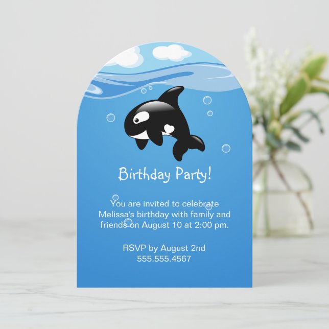 Niedliche Orca Whale Geburtstagsparty Einladung (Stehend Vorderseite)