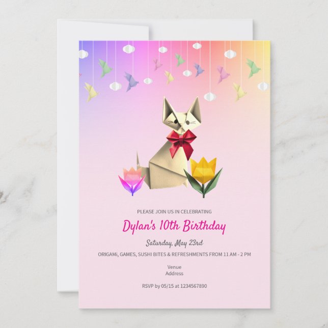 Niedliche Origami Cat & Cranes jedes Alter Geburts Einladung (Vorderseite)