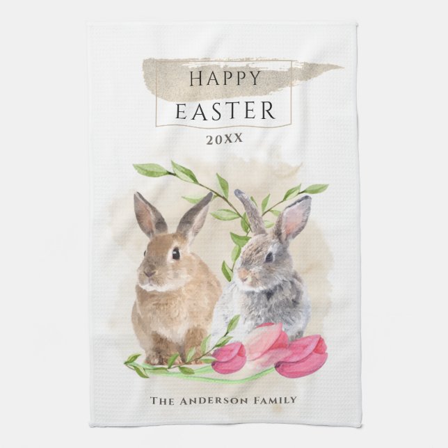 Niedliche OsterBunnies | Happy Oaster Watercolor A Geschirrtuch (Vertikal)