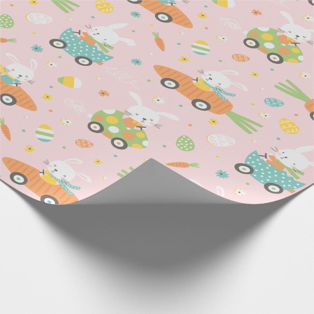 Niedliche Osterbüscheln in Karotten und Eierautos  Geschenkpapier (Ecke)