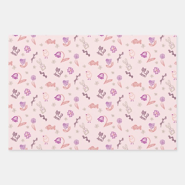 Niedliche Osterdoodtiere und Blume Geschenkpapier Set (Vorderseite)