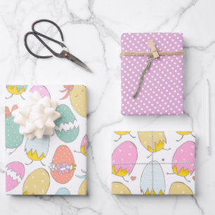 Niedliche Ostereier, Osterhühner und rosa Punkte Geschenkpapier Set