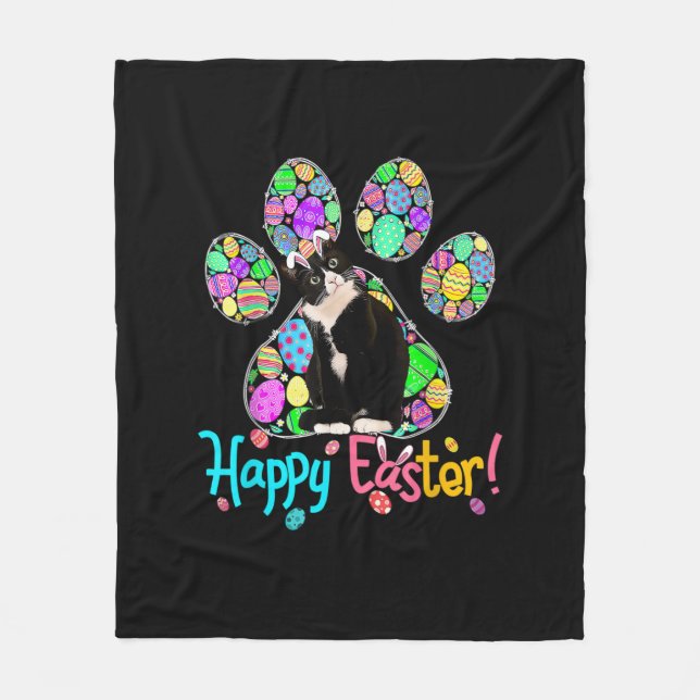 Niedliche Ostereier Paw Tuxedo Cat Happy Eas Fleecedecke (Vorderseite)