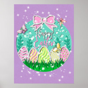 Niedliche Ostereierjagd und farbenfrohe Schmetterl Poster