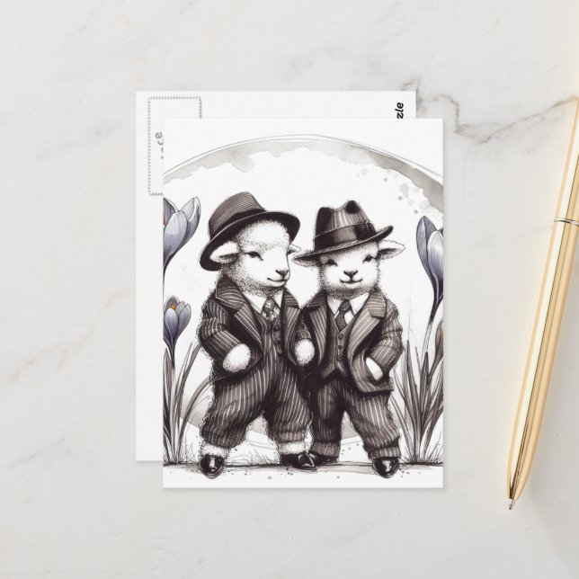 Niedliche Osterhämmer im Anzug Postkarte (Vorderseite/Rückseite Beispiel)