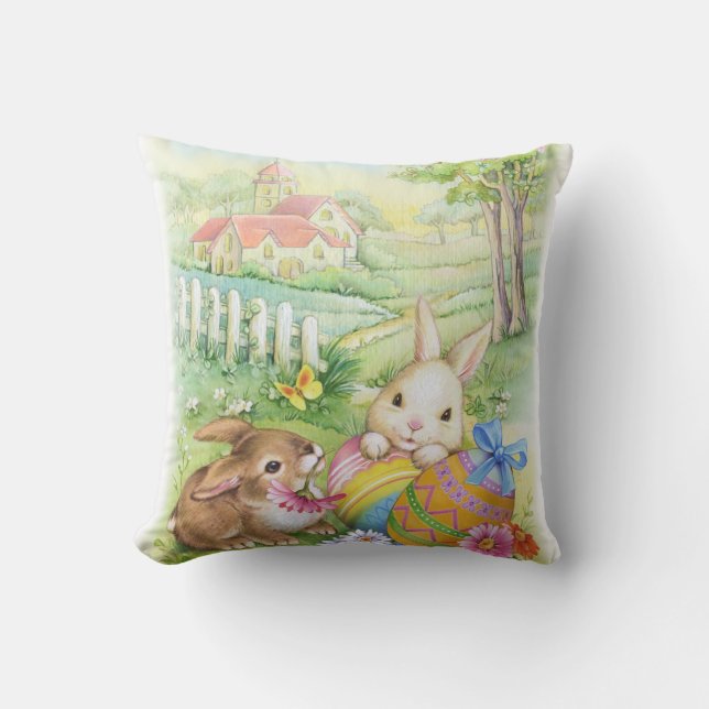 Niedliche Osterhasen mit Eiern und Kirche Kissen (Vorderseite)
