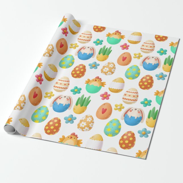 Niedliche Osterhühner, Bunnies und Eier Geschenkpapier (Ungerollt)