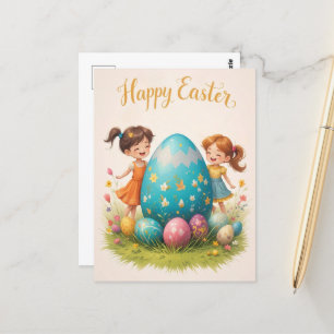 Niedliche Osterkinder und buntes Ei Gruß Postkarte