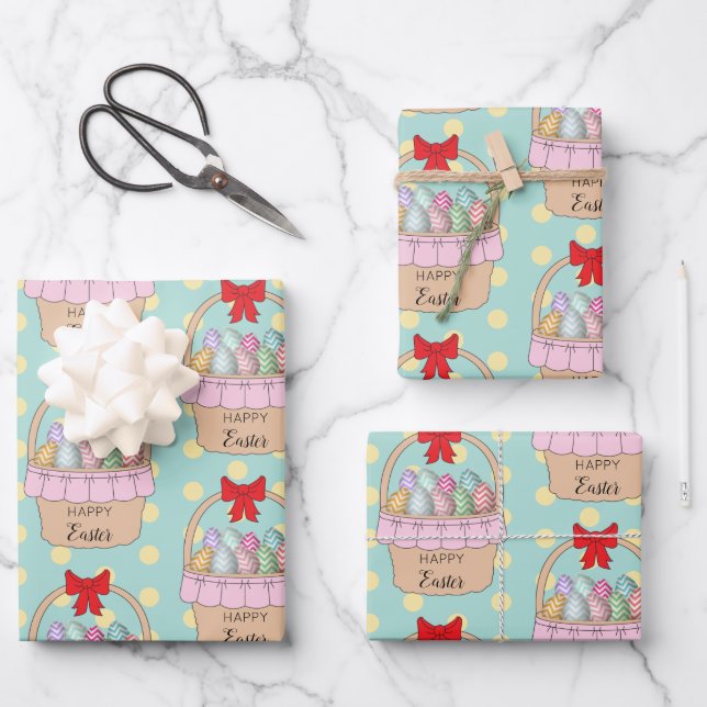 Niedliche Osterkörbe und Pastelleier Geschenkpapier Set (Vorderseite)